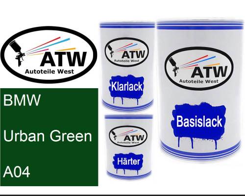 BMW, Urban Green, A04: 500ml Lackdose + 500ml Klarlack + 250ml Härter - Set, von ATW Autoteile West.